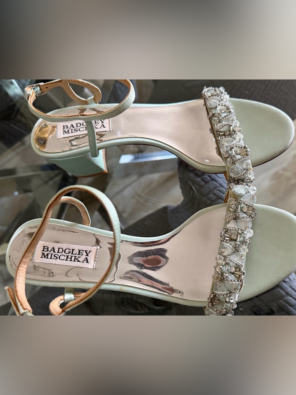 Badgley Mischka Mint Green Crystal-Embellished Block Heel Sandals